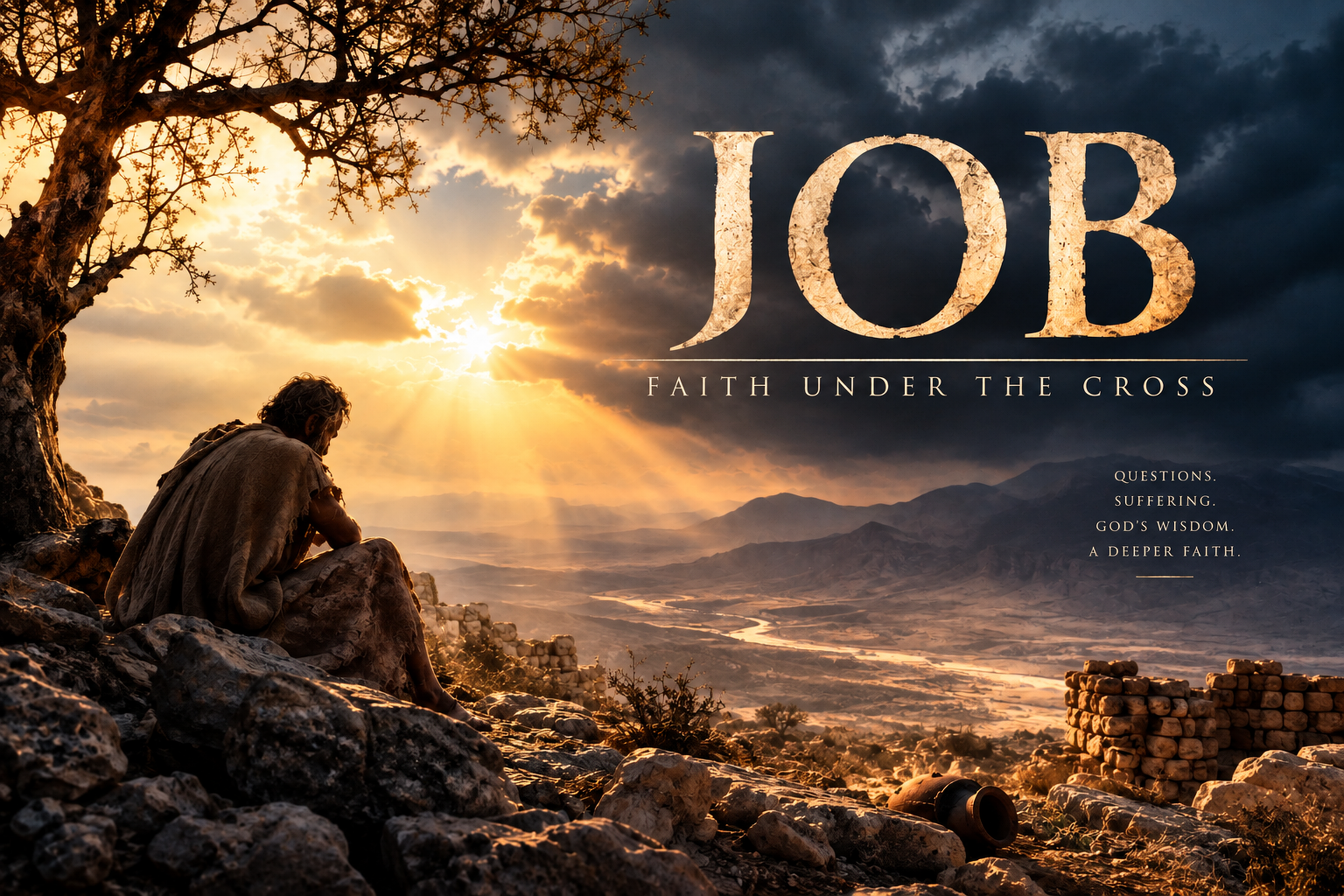 Job: Faith Under the Cross. Job sits on a cliff as light breaks through storm clouds over a rugged valley.