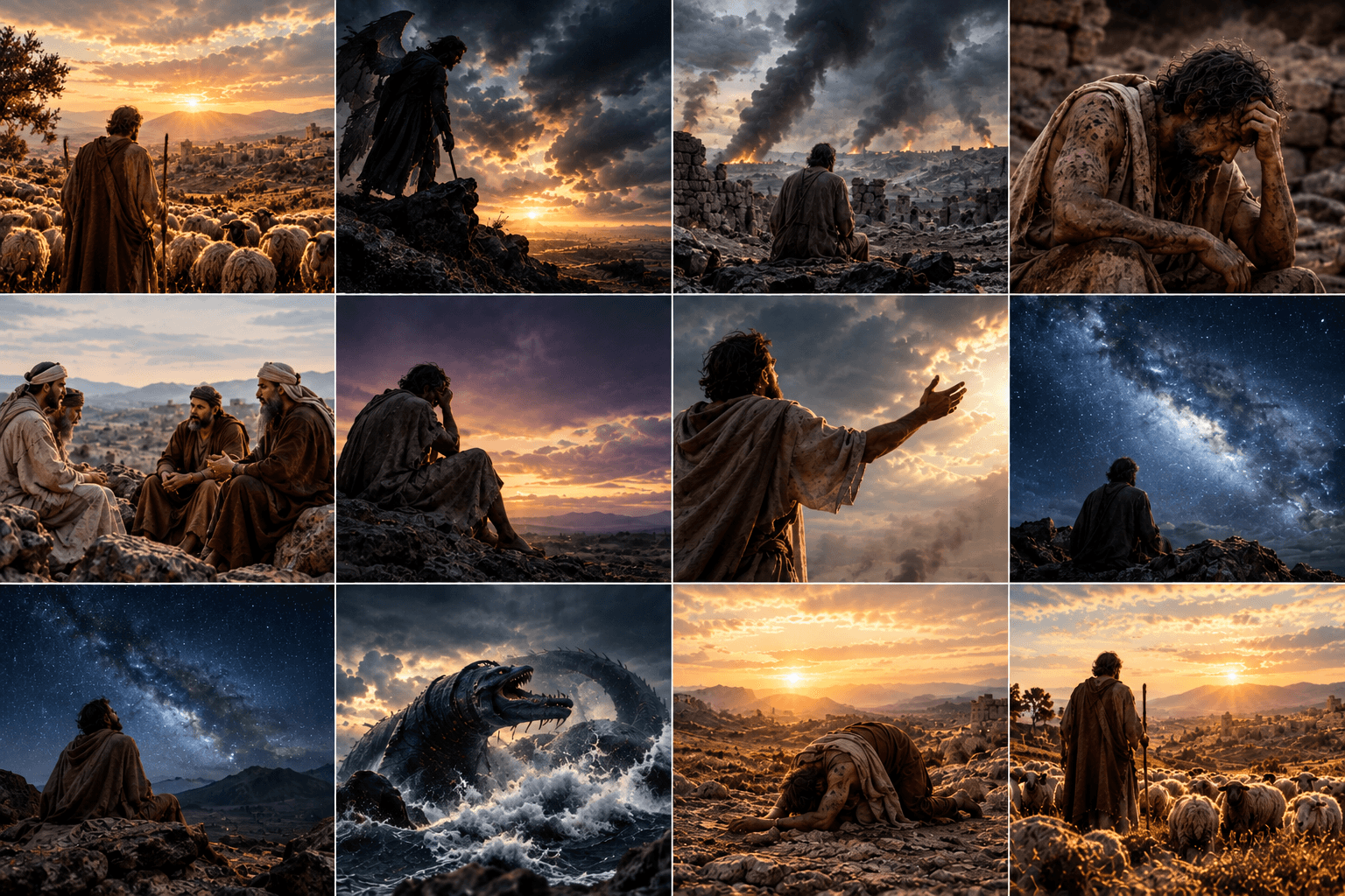 A visual journey through Job's integrity, loss, lament, debates, the LORD's answer, and restoration.