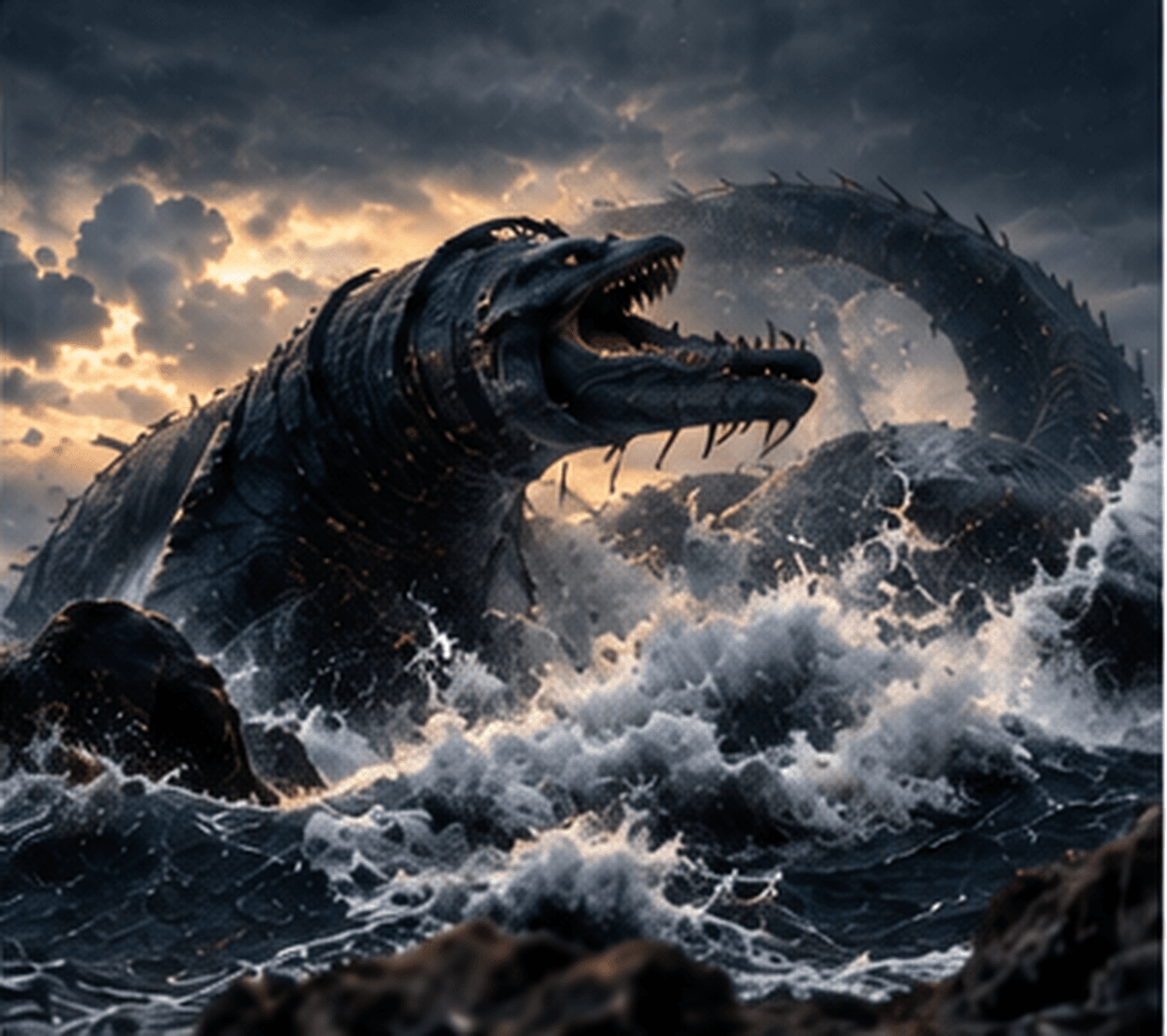 Leviathan rises from the sea beneath a dark sky.