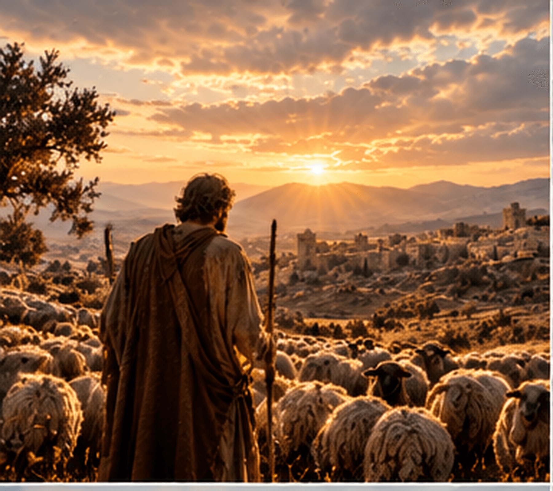 Job stands among his flocks beneath a dawn sky.