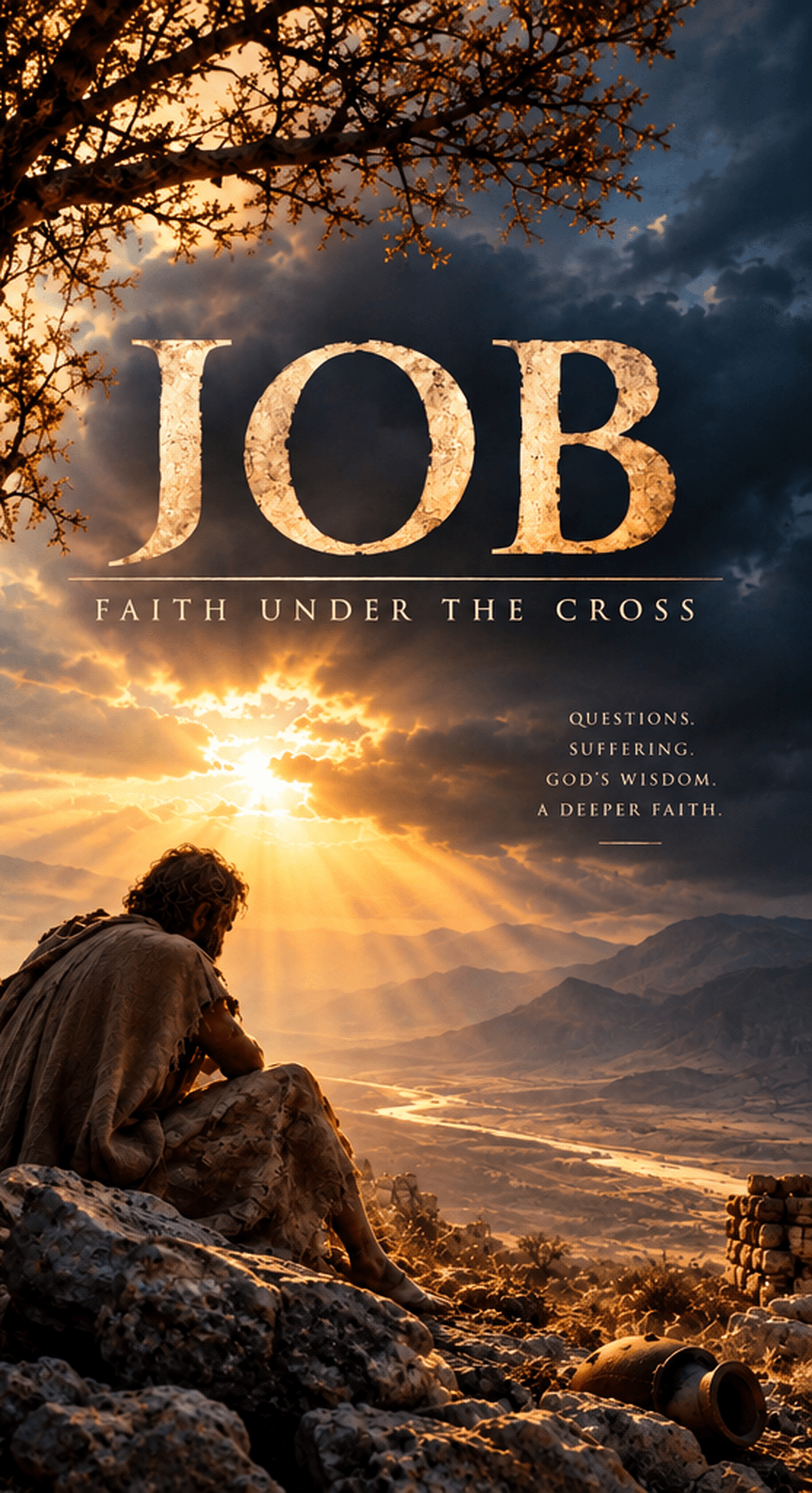 Job: Faith Under the Cross, with Job seated on a cliff beneath light breaking through storm clouds