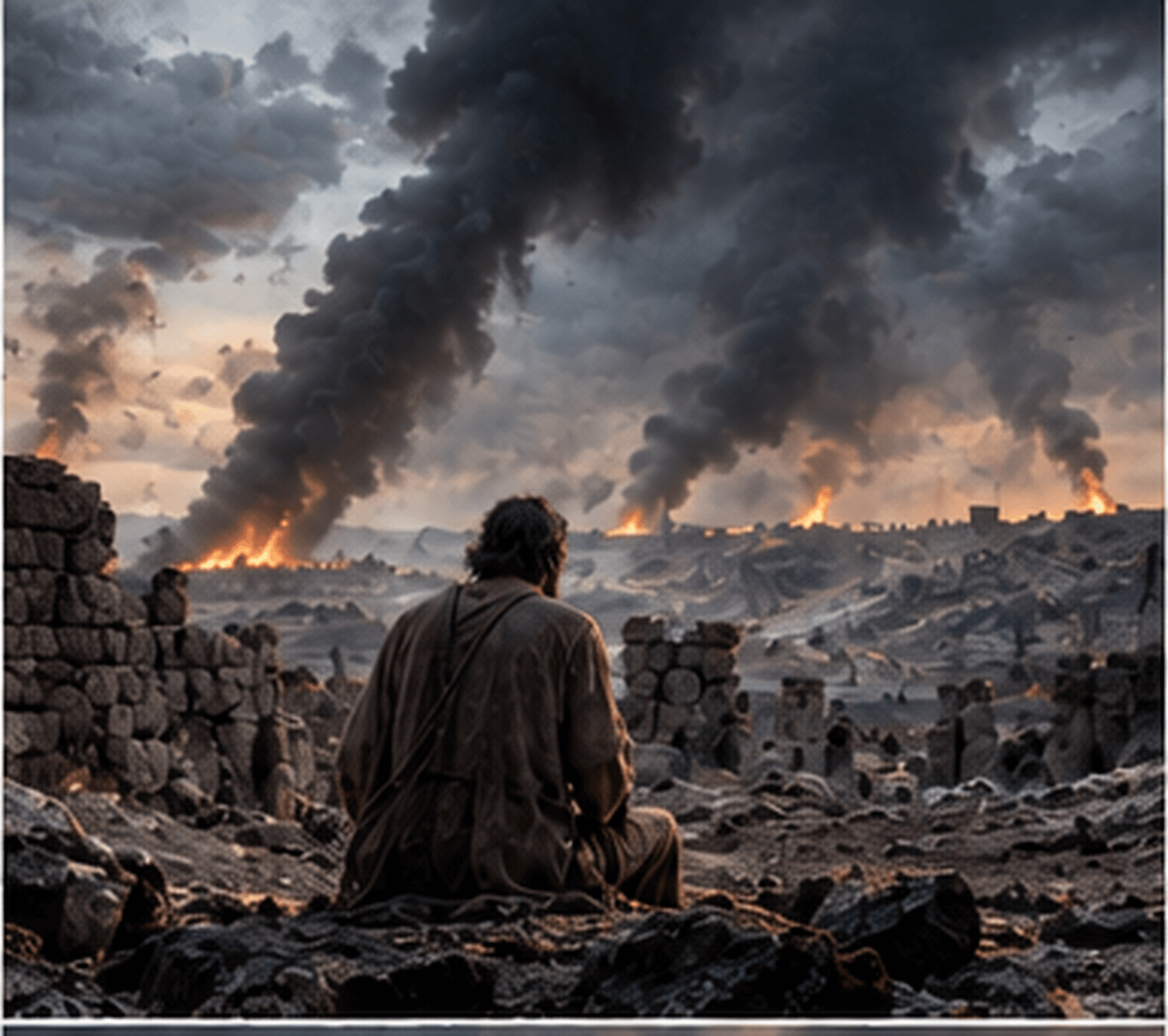 Job sits amid the ruins after devastating loss.
