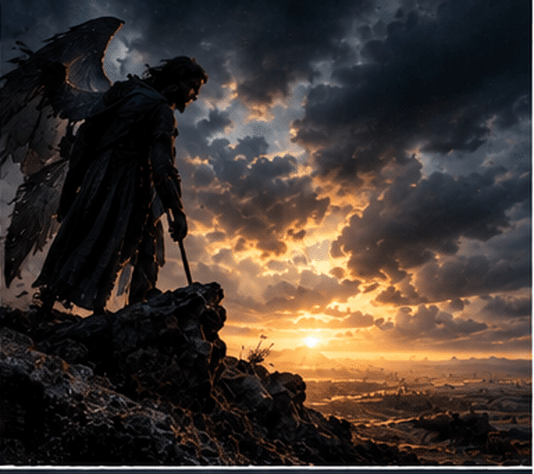 A dark heavenly-court scene beneath a storm-lit sky.