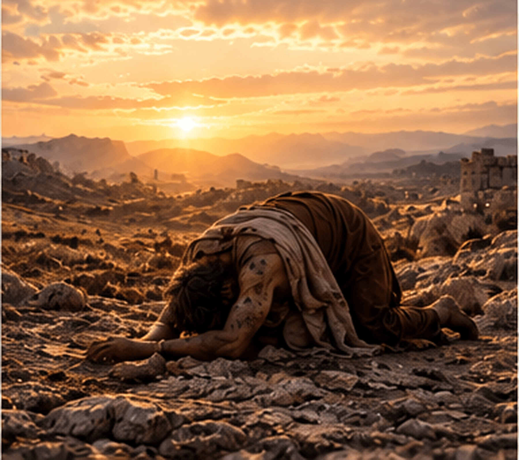 Job bows low in humility beneath the morning light.
