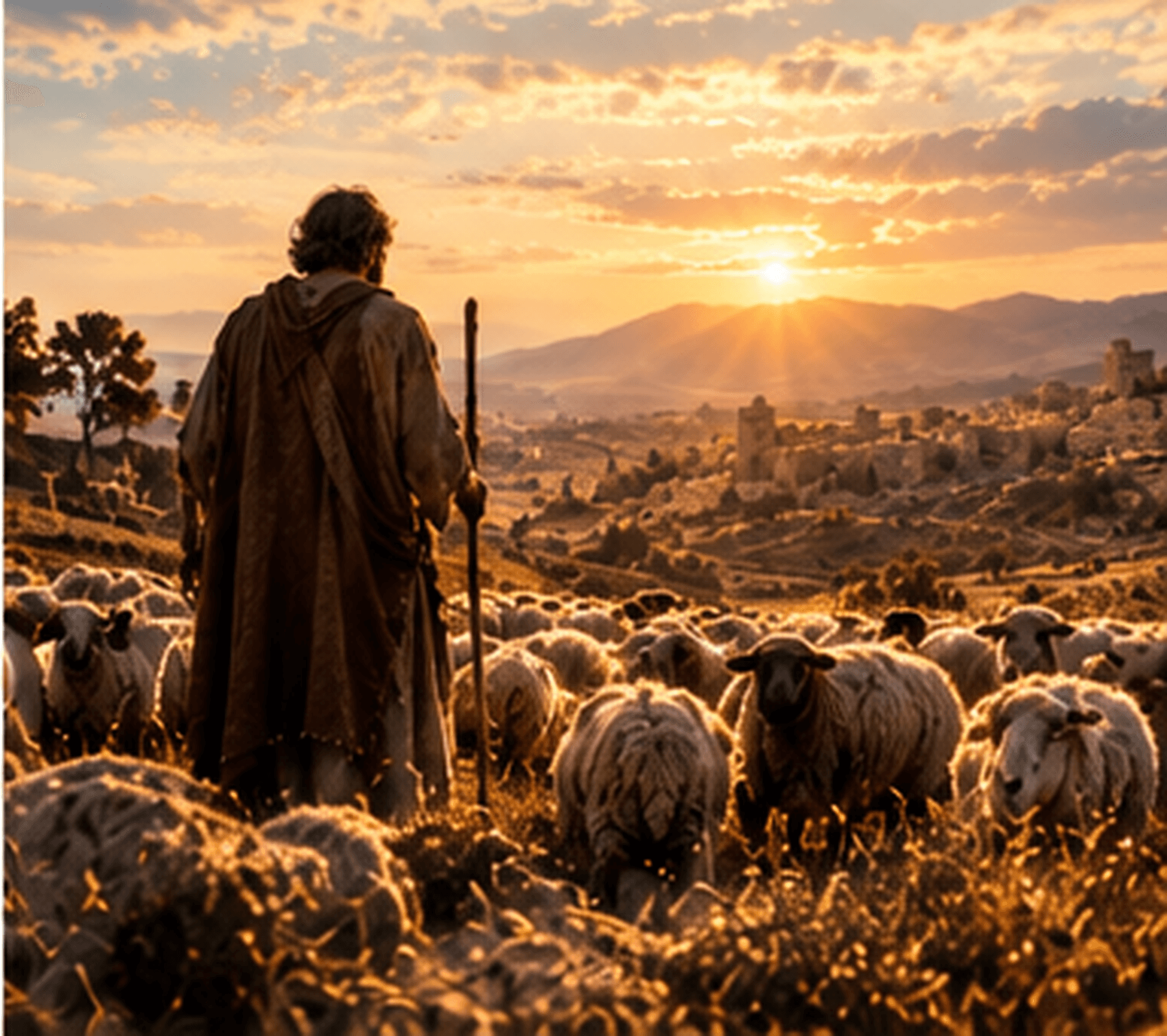 Job stands among restored flocks in the light of sunrise.